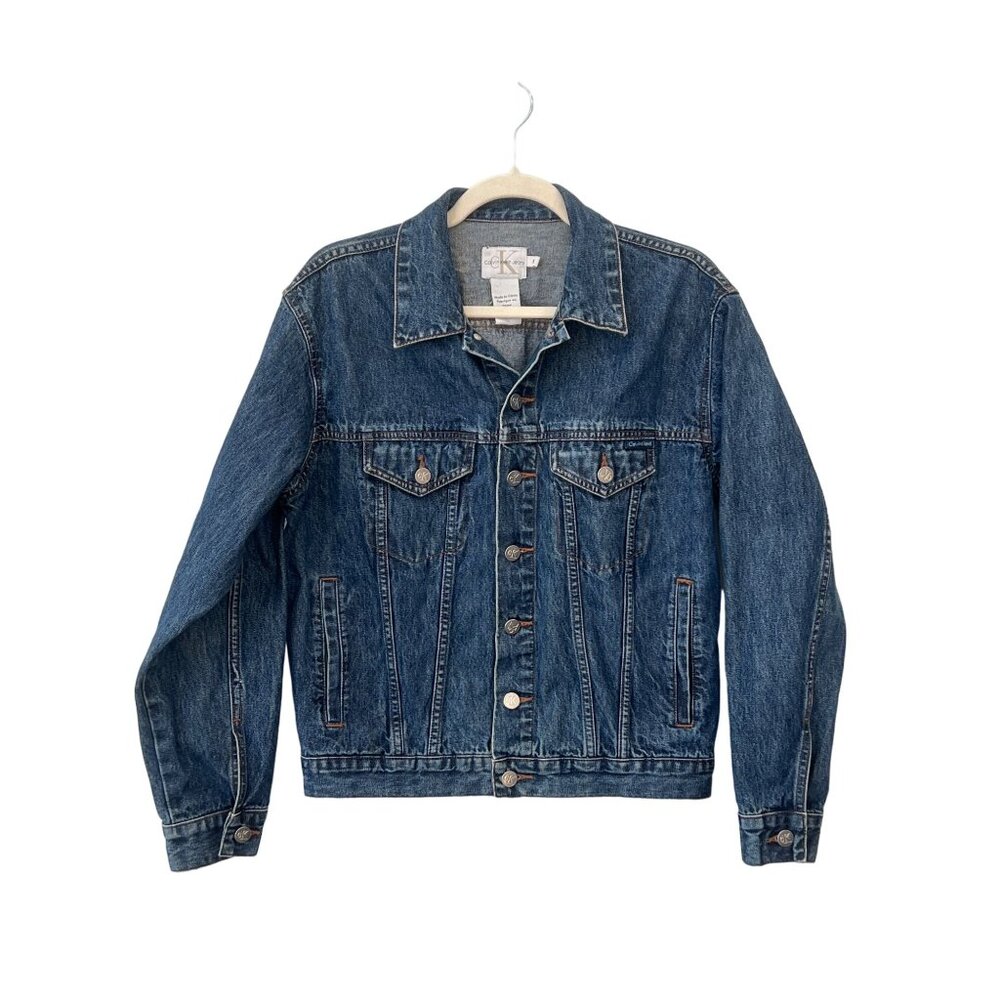 Calvin Klein Button Front Denim Jean Jacket Size S Medium Wash Blue Cotton Retro